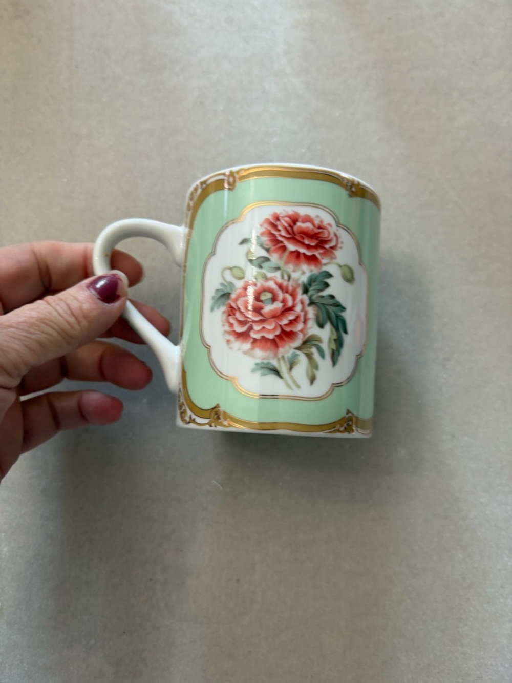 Porcelain Vintage Floral Coffee Mug by Andrea By Sadek in Mint Green Color